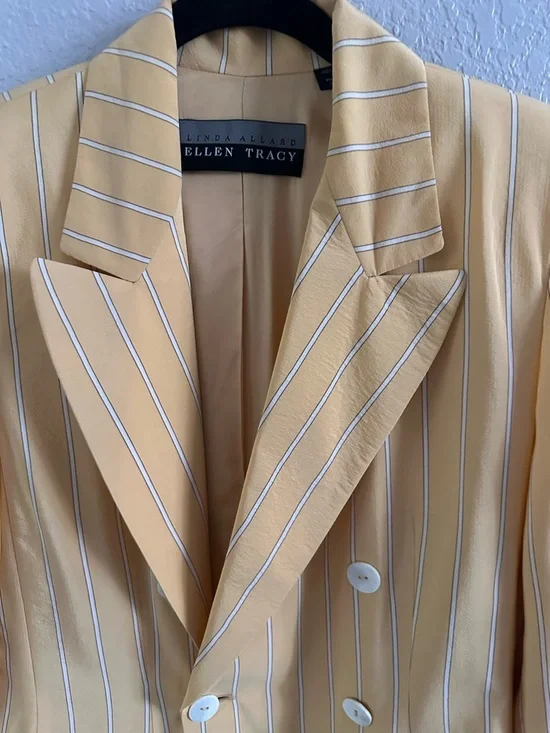 Vintage Ellen Tracy 100% Silk Blazer Yellow Pinstripe Double Breasted Size 10 - Picture 4 of 13